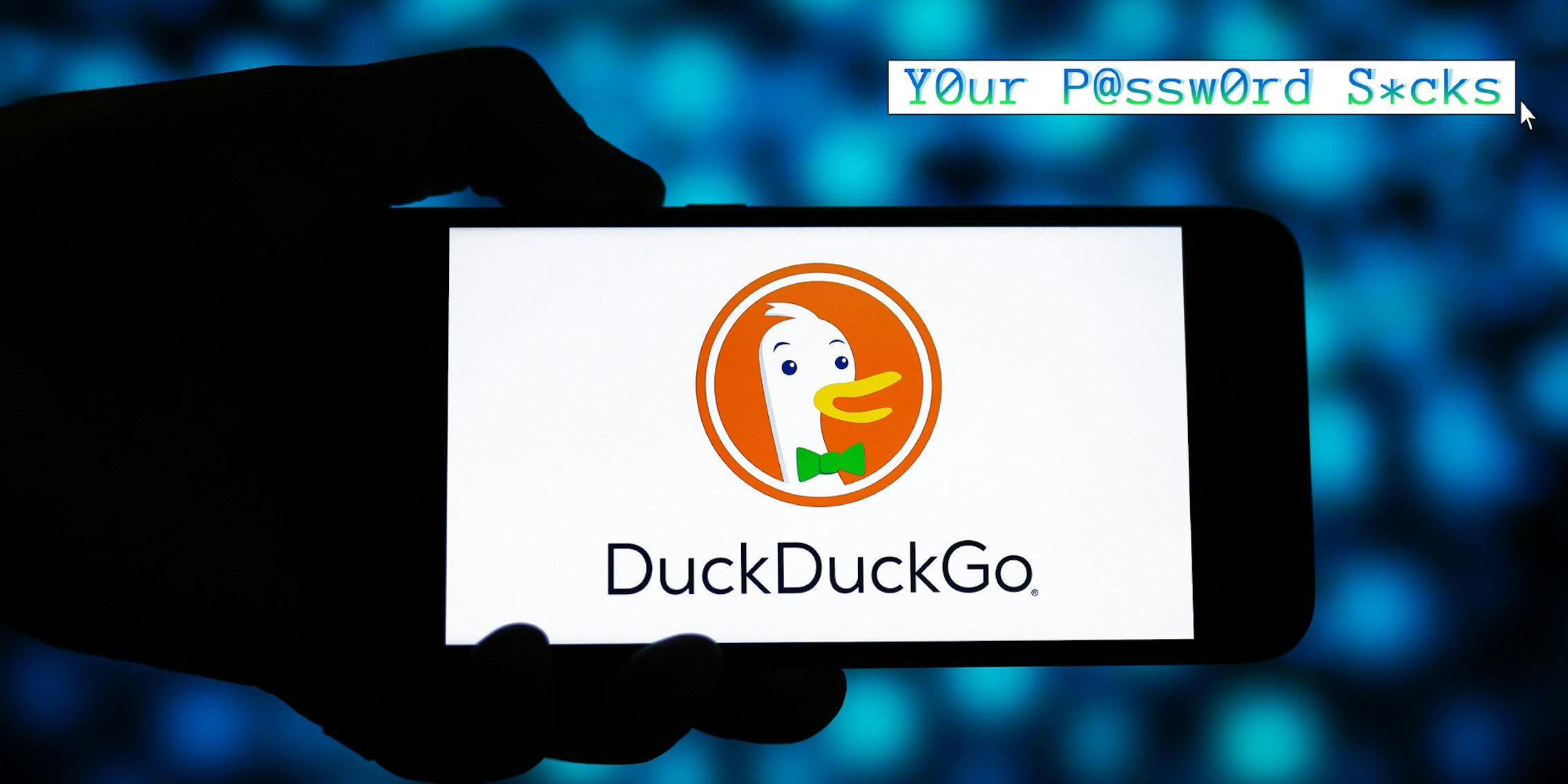 A Phone with DuckDuckGo on it. The Daily Dot newsletter web_crawlr column logo for 'Your Password Sucks' is in the top right corner.