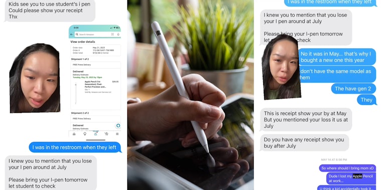 teacher greenscreen TikTok over messages with boss (l) kid using Apple Pen with iPad (c) teacher greenscreen TikTok over messages with boss (r)