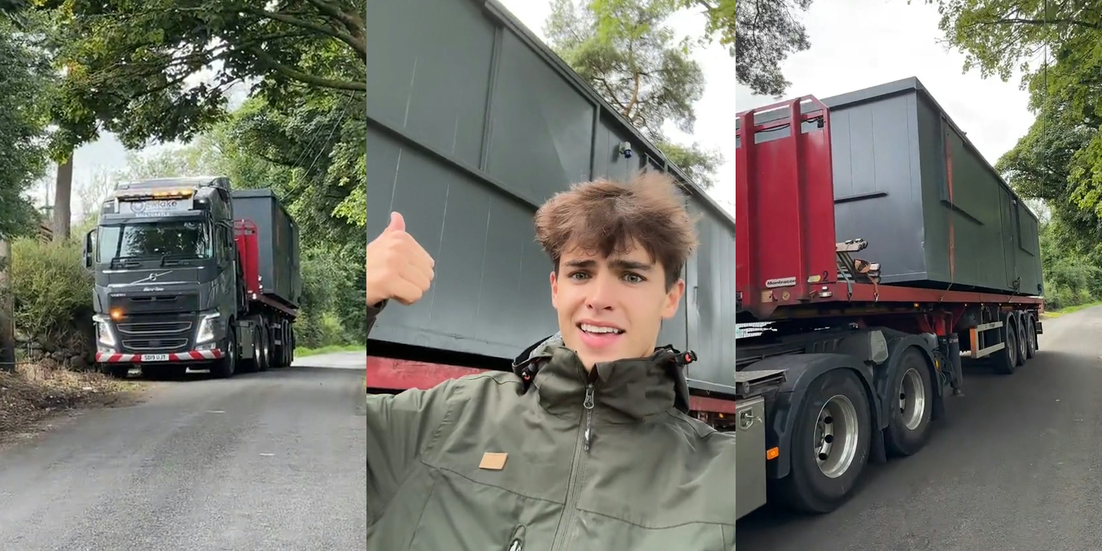 delivery truck (l) young man pointing to modular home (c) modular home on delivery truck (r)