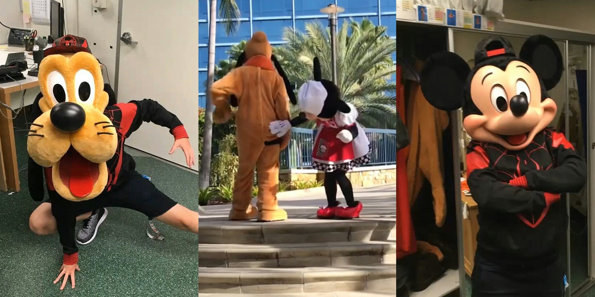 Disney cast member Goofy posing in spider man shirt (l) Disney cast Minnie and Pluto (c) Disney cast member Mickey in spider man shirt (r)