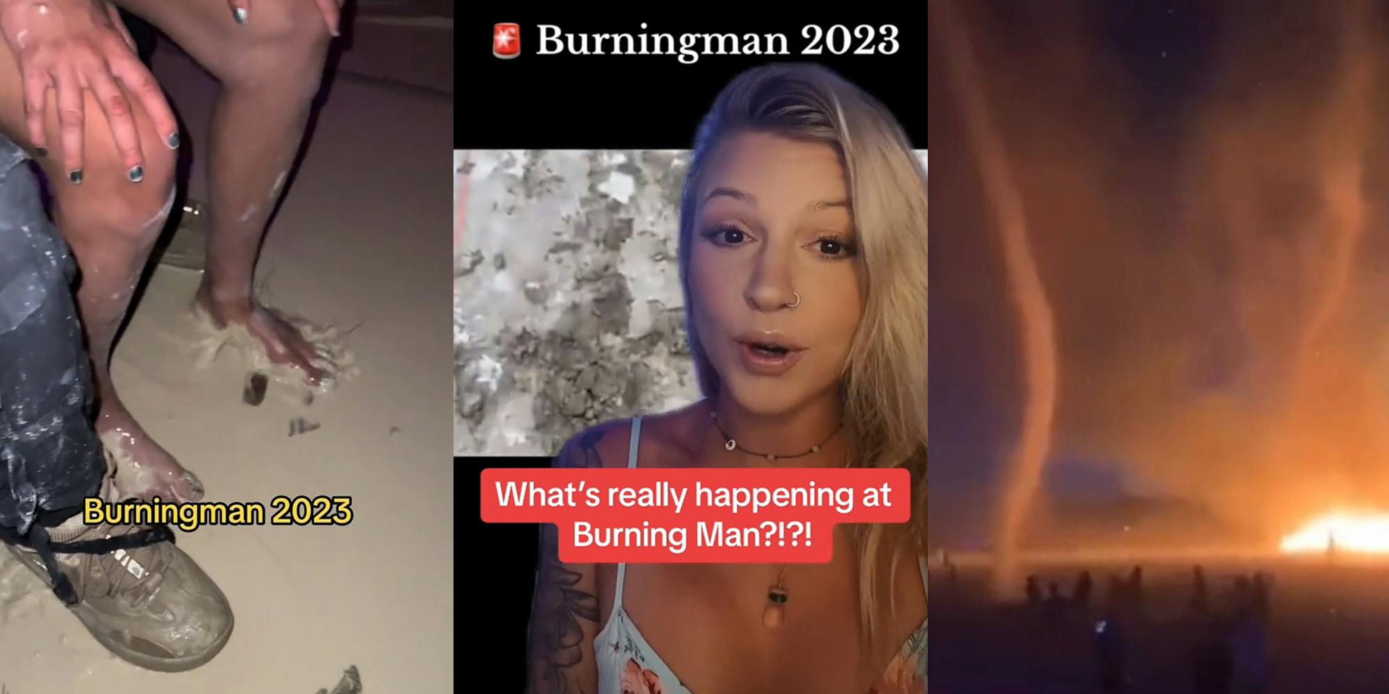 people with feet in flood water with caption "Burningman 2023" (l) woman greenscreen TikTok with caption "Burningman 2023 What's really happening at Burning Man?!?!" (c) Burningman attendees outside during odd weather (r)
