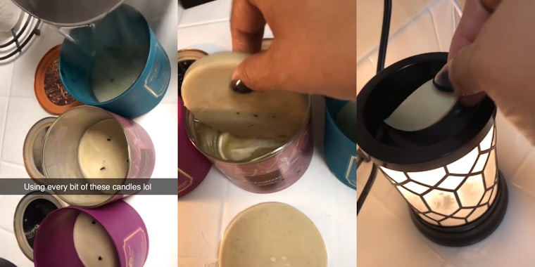person pouring boiling water into candles with caption 'Using every last bit of these candles lol' (l) hand pulling wax from candle (c) hand placing candle wax on wax melter (r)