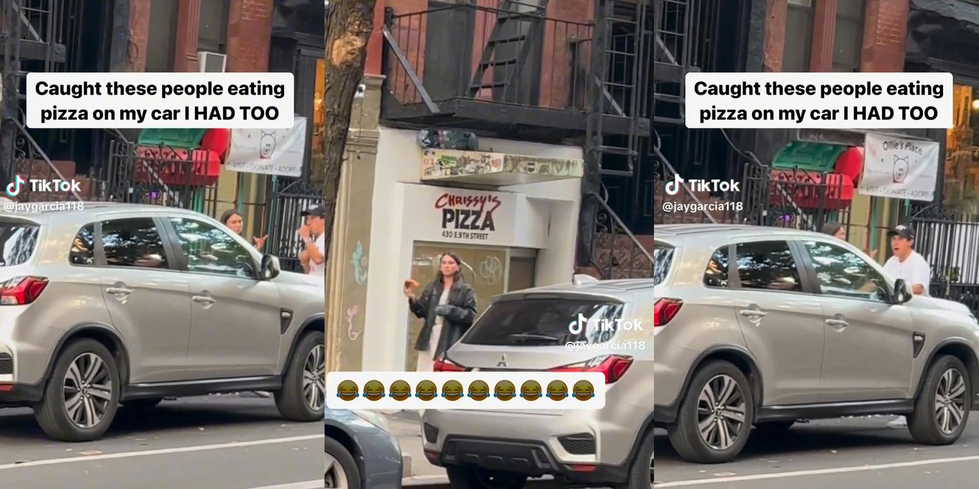 people caught eating pizza on a stranger's car