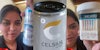 Celsius customer holding drink (l) Celsius drink up close (c) Celsius customer holding tester kit (r)