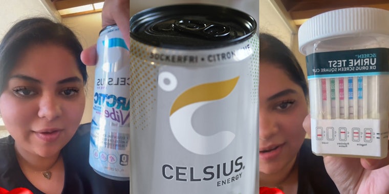 Celsius customer holding drink (l) Celsius drink up close (c) Celsius customer holding tester kit (r)