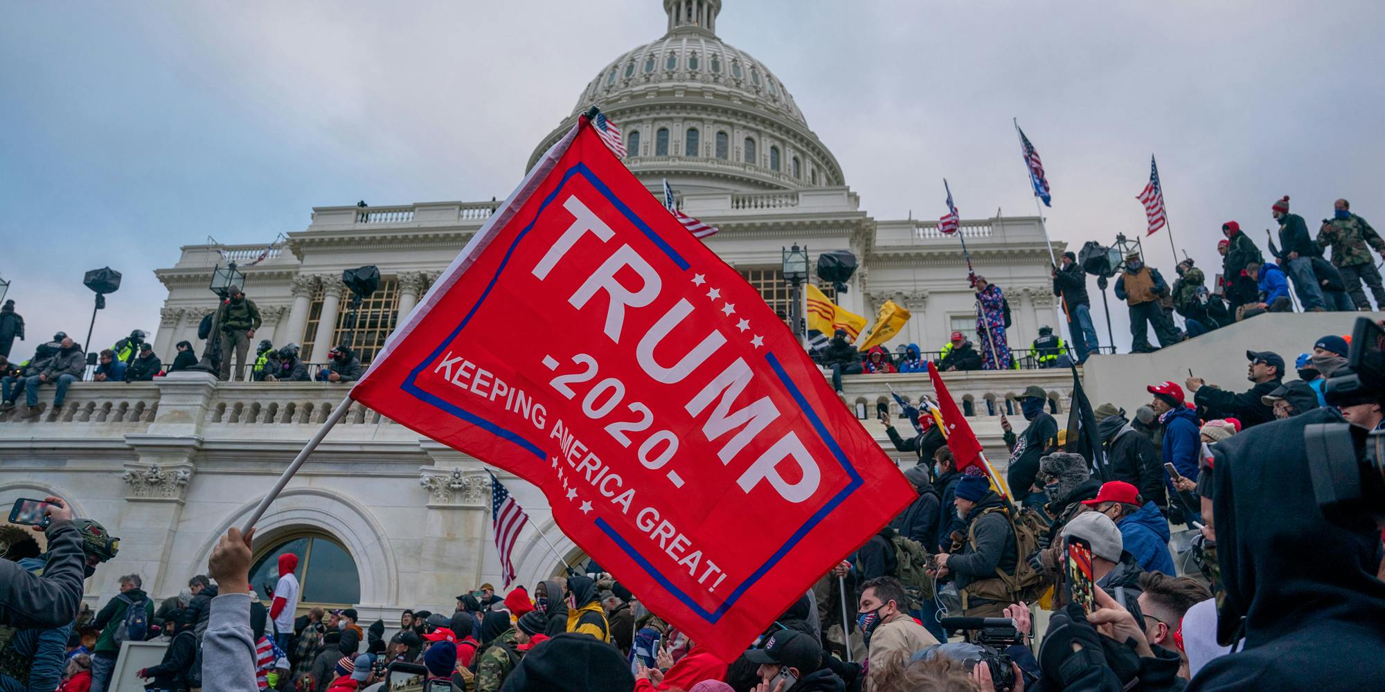 Trump flag in protestor's hand at Jan 6 Capitol attack