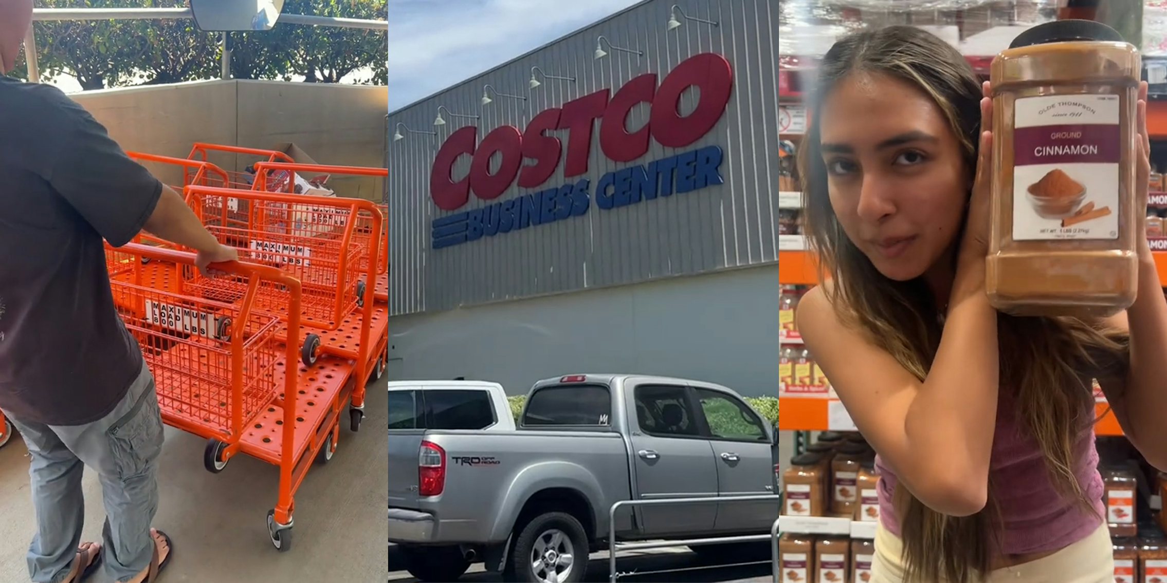 man with large flat cart (l) costco business center (c) young woman with large cinnamon container (r)