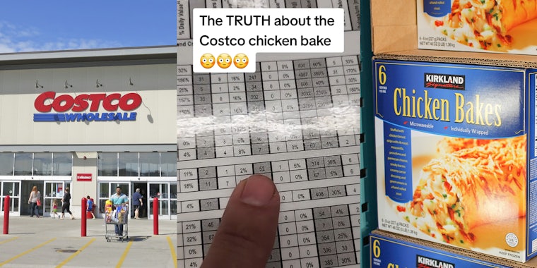 Costco building with sign (l) Coatco chicken bakes nutrition facts with caption 'The TRUTH about the Costco chicken bake' (c) Kirkland Chicken Bakes on shelf at Costco (r)