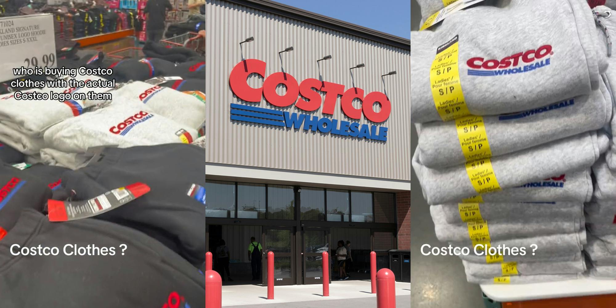 Costco clothes in store with caption "Costco Clothes? who is buying Costco clothes with the actual logo on them" (l) Costco building with sign (c) Costco clothes in store with caption "Costco Clothes?" (r)