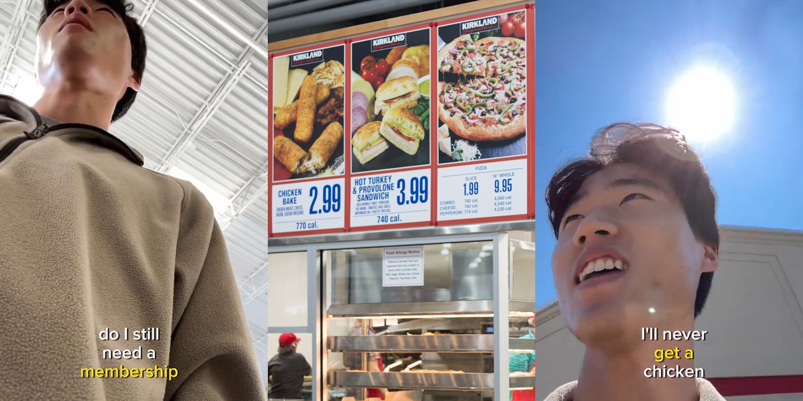 person speaking in Costco with caption 'do I still need a membership' (l) Costco food court with menu (c) person speaking outside Costco with caption 'I'll never get a chicken' (r)
