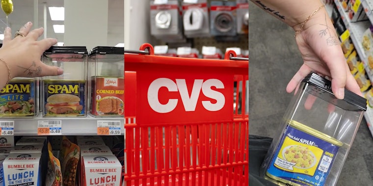 pam in locked container on CVS shelf (l) CVS branded basket (c) CVS customer trying to unlock box of Spam (r)