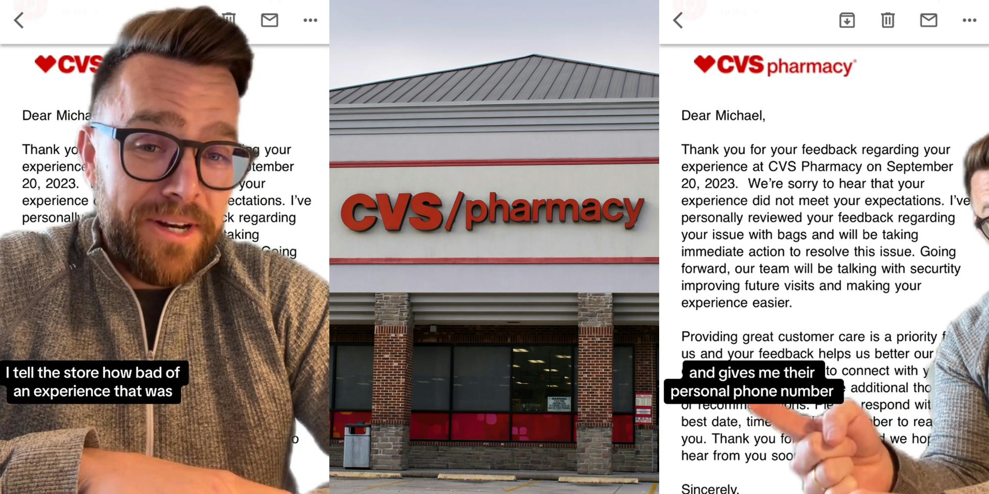 CVS customer greenscreen TikTok speaking over email with caption "I tell the store how bad of an experience that was" (l) CVS building with sign (c) CVS customer greenscreen TikTok speaking over email with caption "and gives me their personal phone number" (r)