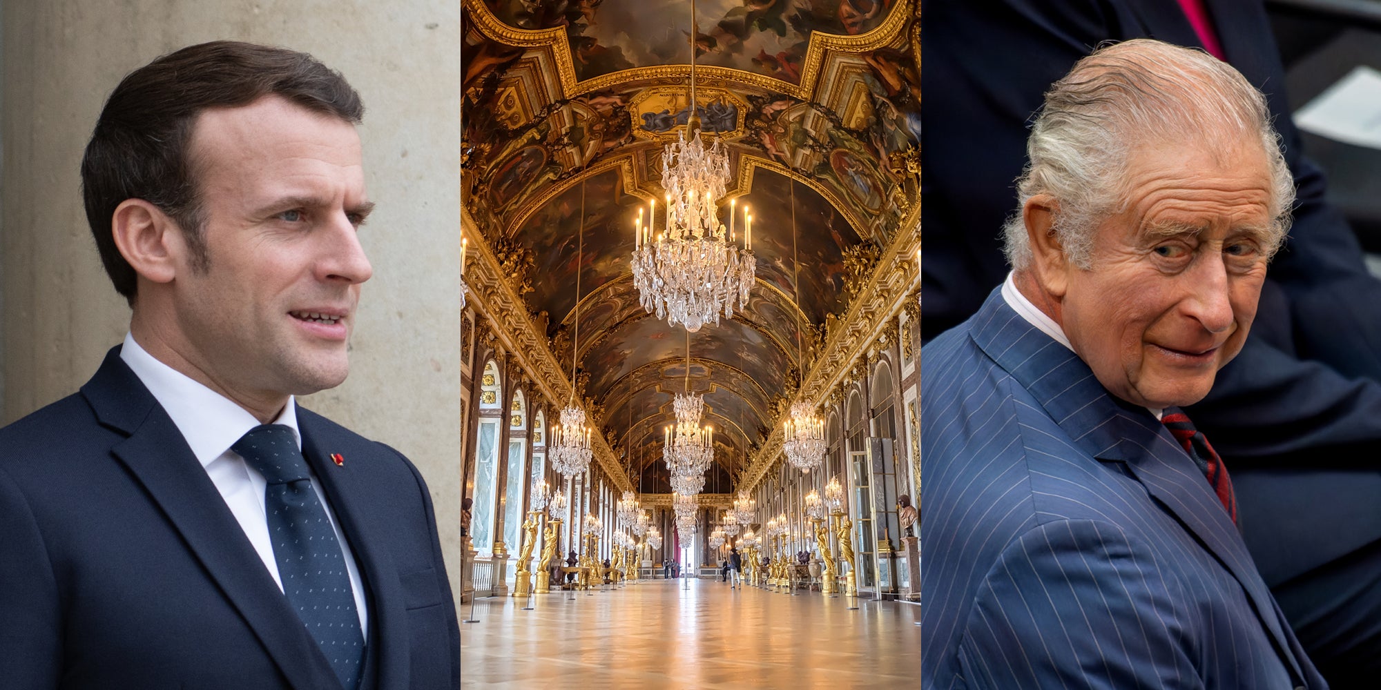 Emmanuel Macron in front of neutral background (l) Hall of Mirrors in the palace of Versailles, France (c) King Charles III (r)