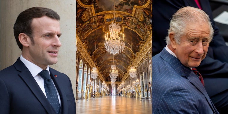 Emmanuel Macron in front of neutral background (l) Hall of Mirrors in the palace of Versailles, France (c) King Charles III (r)