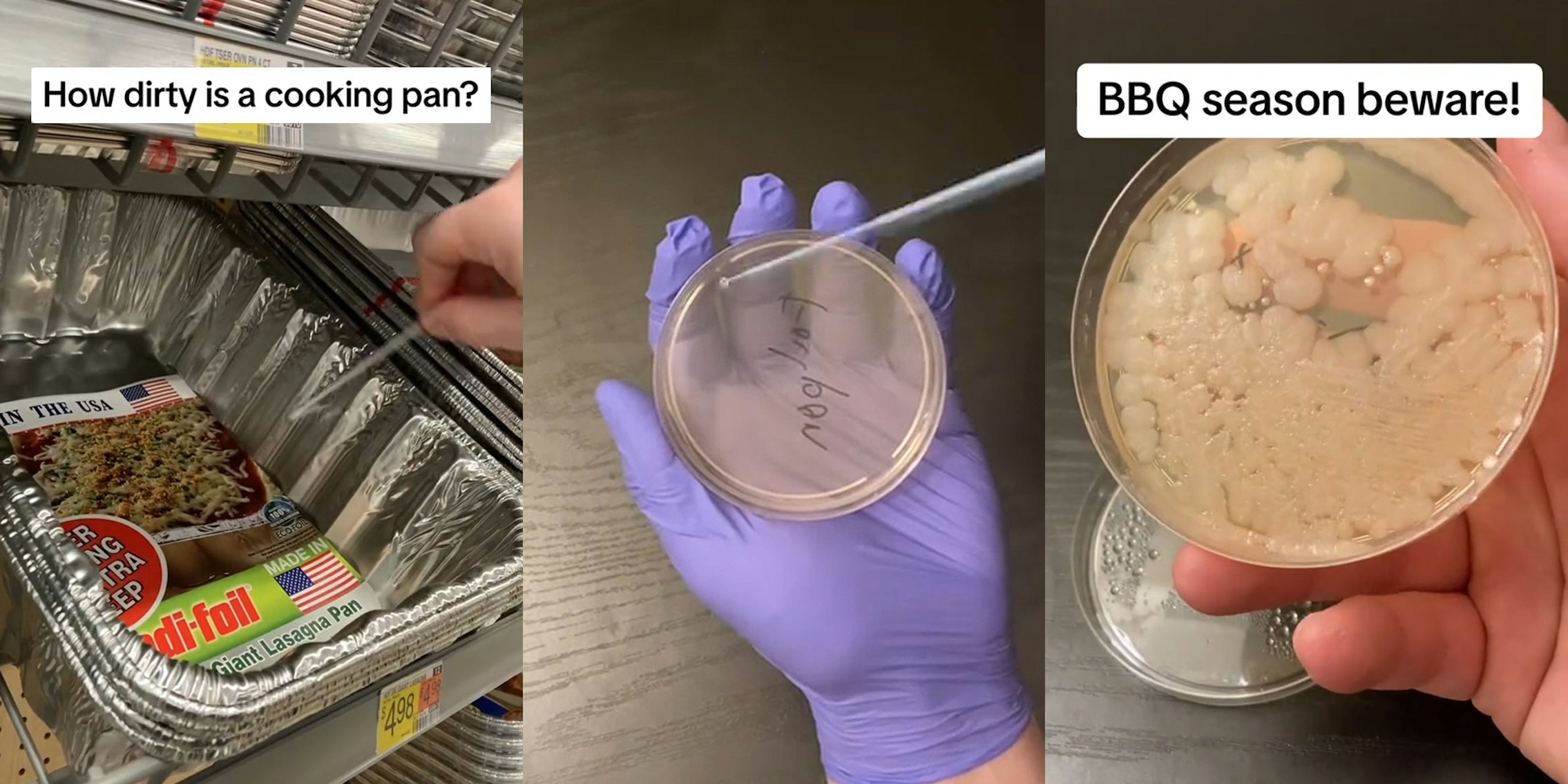 person swabbing cooking pan in store with caption 'How dirty is a cooking pan?' (l) gloved hand swabbing inside petri dish c) petri dish with bacteria with caption 'BBQ season beware!' (r)