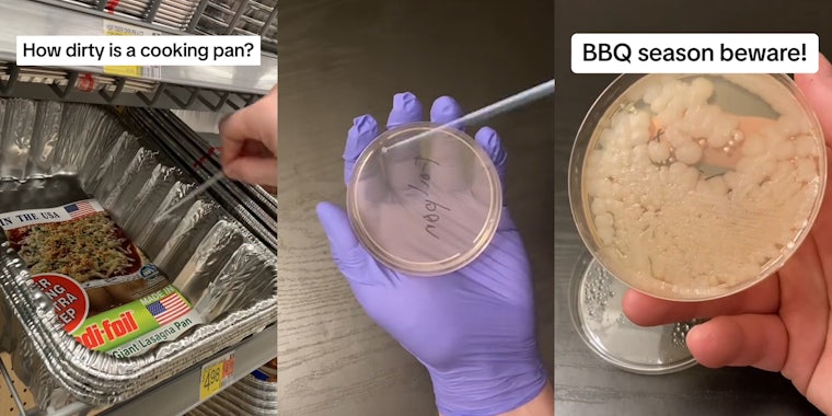 person swabbing cooking pan in store with caption 'How dirty is a cooking pan?' (l) gloved hand swabbing inside petri dish c) petri dish with bacteria with caption 'BBQ season beware!' (r)