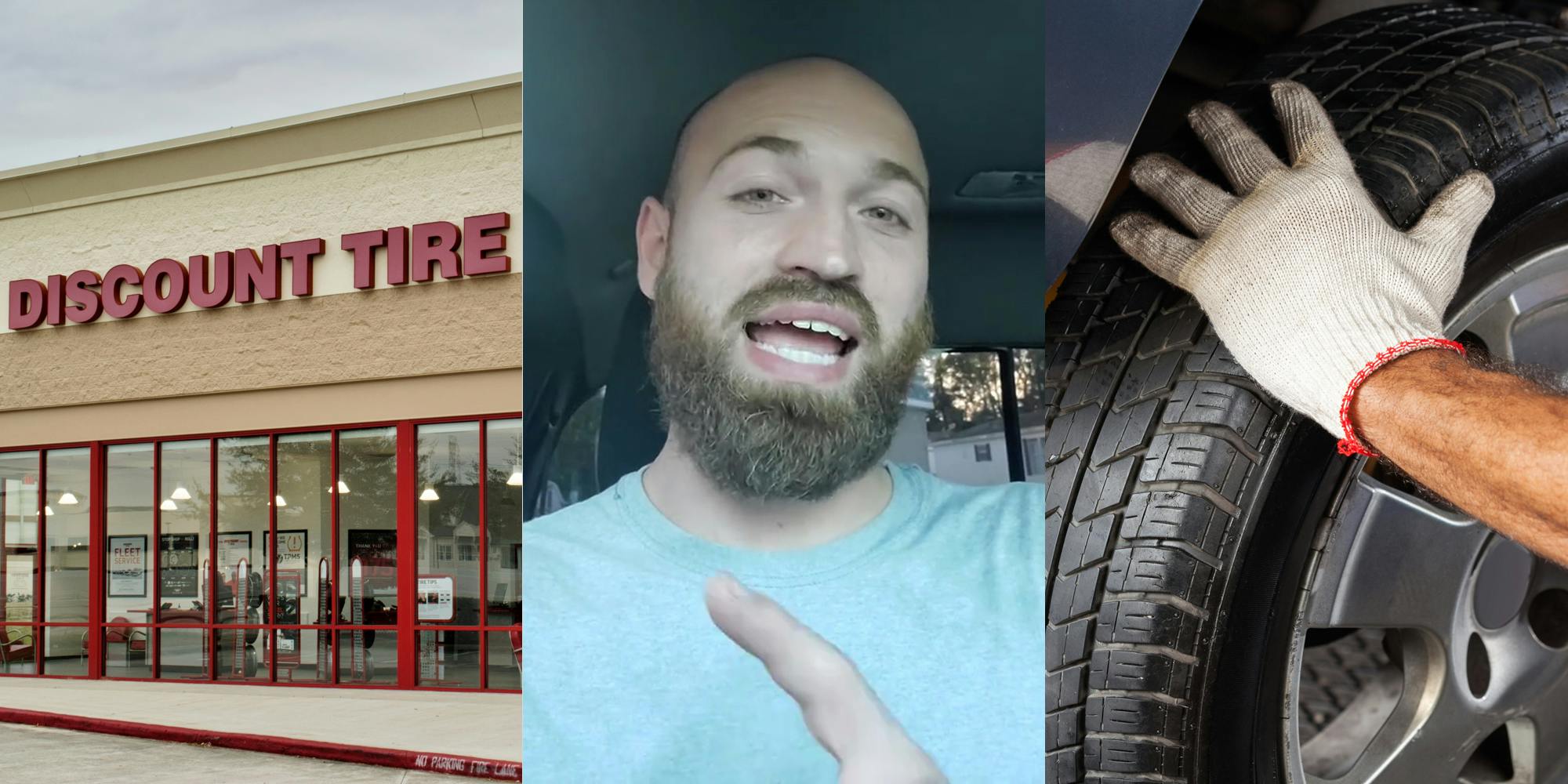 Discount Tire sign on building (l) former Discount Tire worker speaking in truck (c) mechanic hand on tire (r)