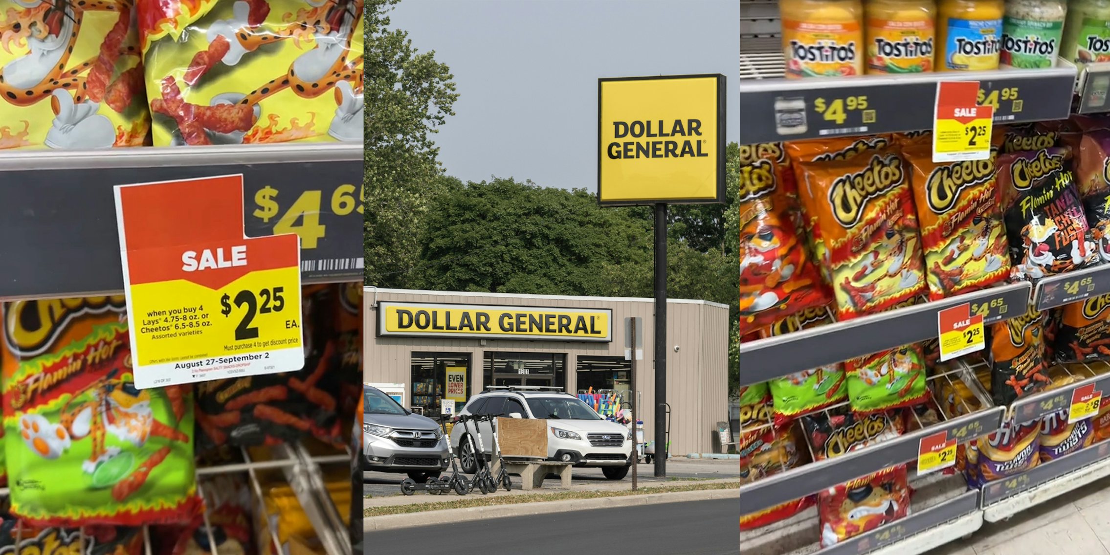 $2.25 each sale sign in chip aisle display at Dollar General (l) Dollar General building with signs (c) Dollar General Chips aisle (r)
