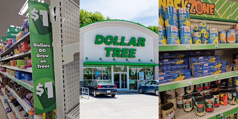 $1 sign at Dollar Tree (l) Dollar Tree building with sign (c) Dollar Tree items listed on shelf for $1 (r)