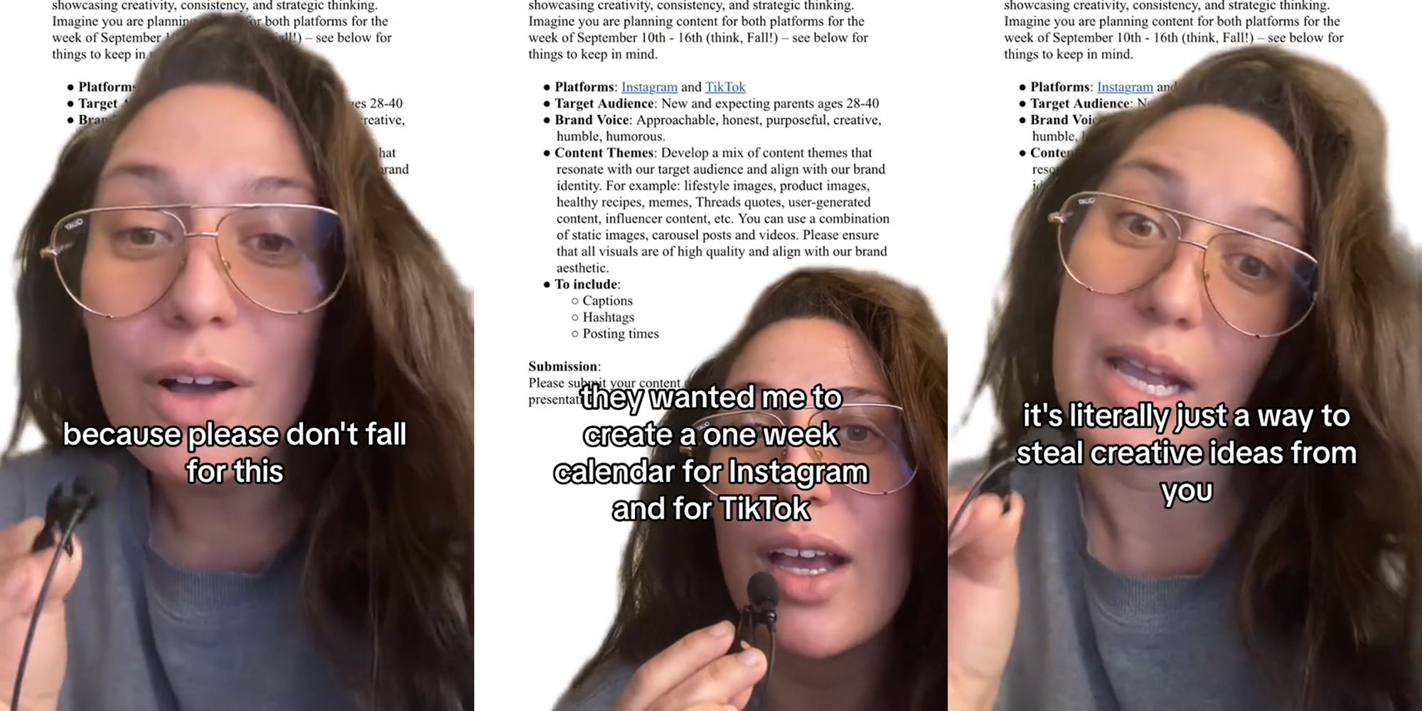 social media manager greenscreen TikTok over project guidelines with caption 'because please don't fall for this' (l) social media manager greenscreen TikTok over project guidelines with caption 'they wanted me to create a one week calendar for Instagram and TikTok' (c) social media manager greenscreen TikTok over project guidelines with caption 'it's literally just a way to steal creative ideas from you' (r)