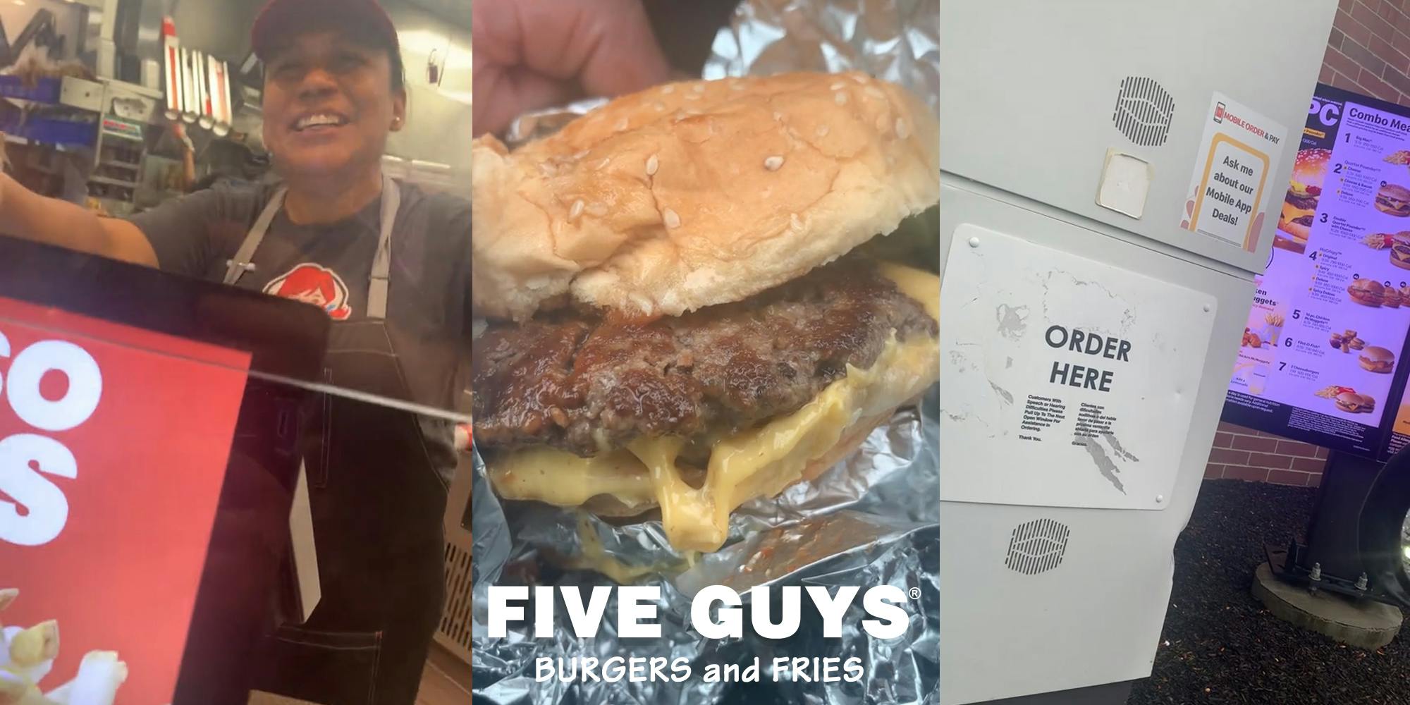 Wendy's employee speaking (l) Five Guys logo over burger (c) McDonald's drive thru order speaker and menu (r)