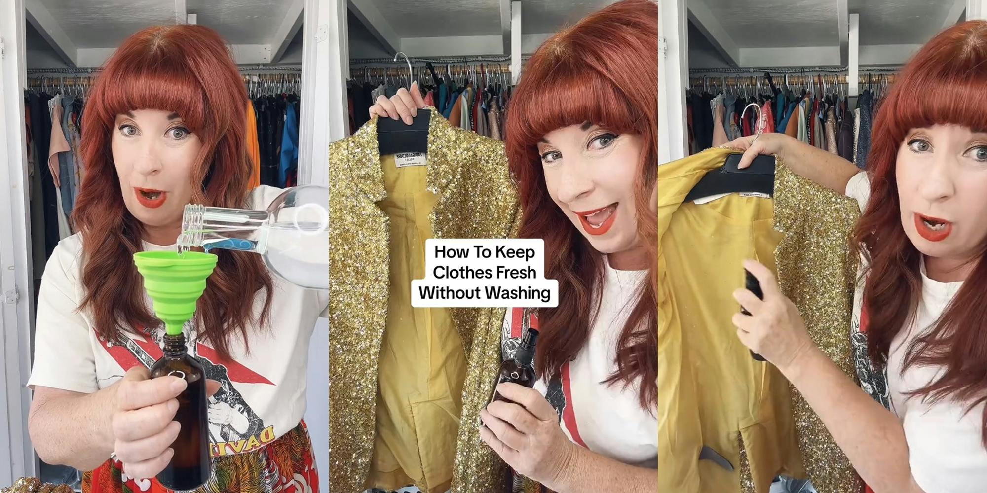 woman speaking in dressing room pouring vodka into spray bottle (l) woman speaking in dressing room with caption "How To Keep Clothes Fresh Without Washing" (c) woman speaking in dressing room spraying inside of jacket (r)