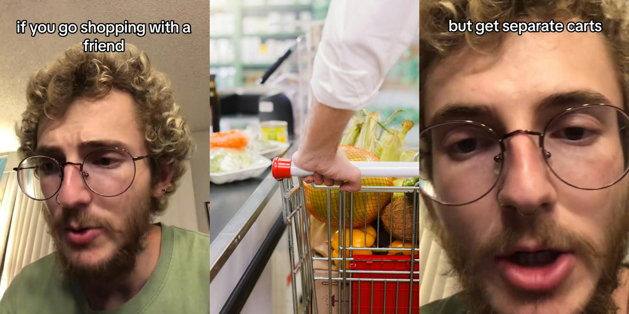 grocery store worker with caption "if you go shopping with friend" (l) grocery shopper at register (c) grocery store worker with caption "but get separate carts" (r)