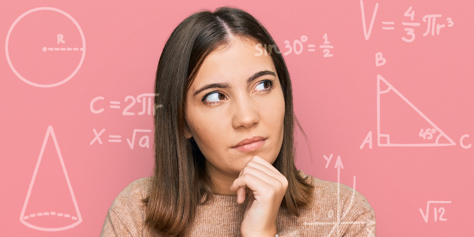 confused woman looking at math scattered around her in front of pink background
