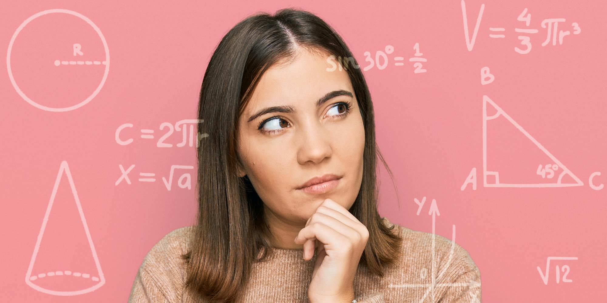 confused woman looking at math scattered around her in front of pink background