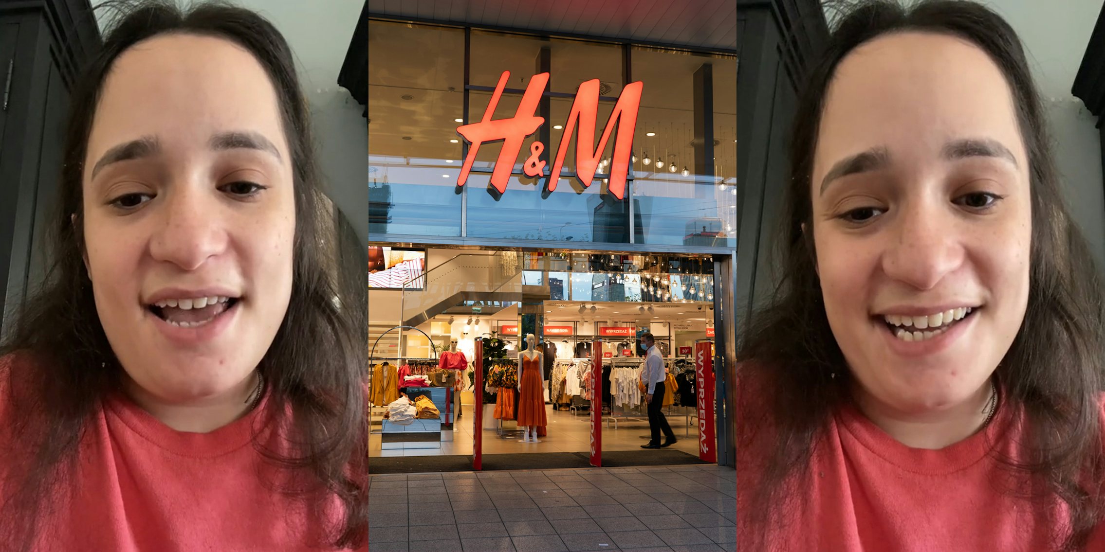 job candidate speaking (l) H&M store with sign (c) job candidate speaking (r)
