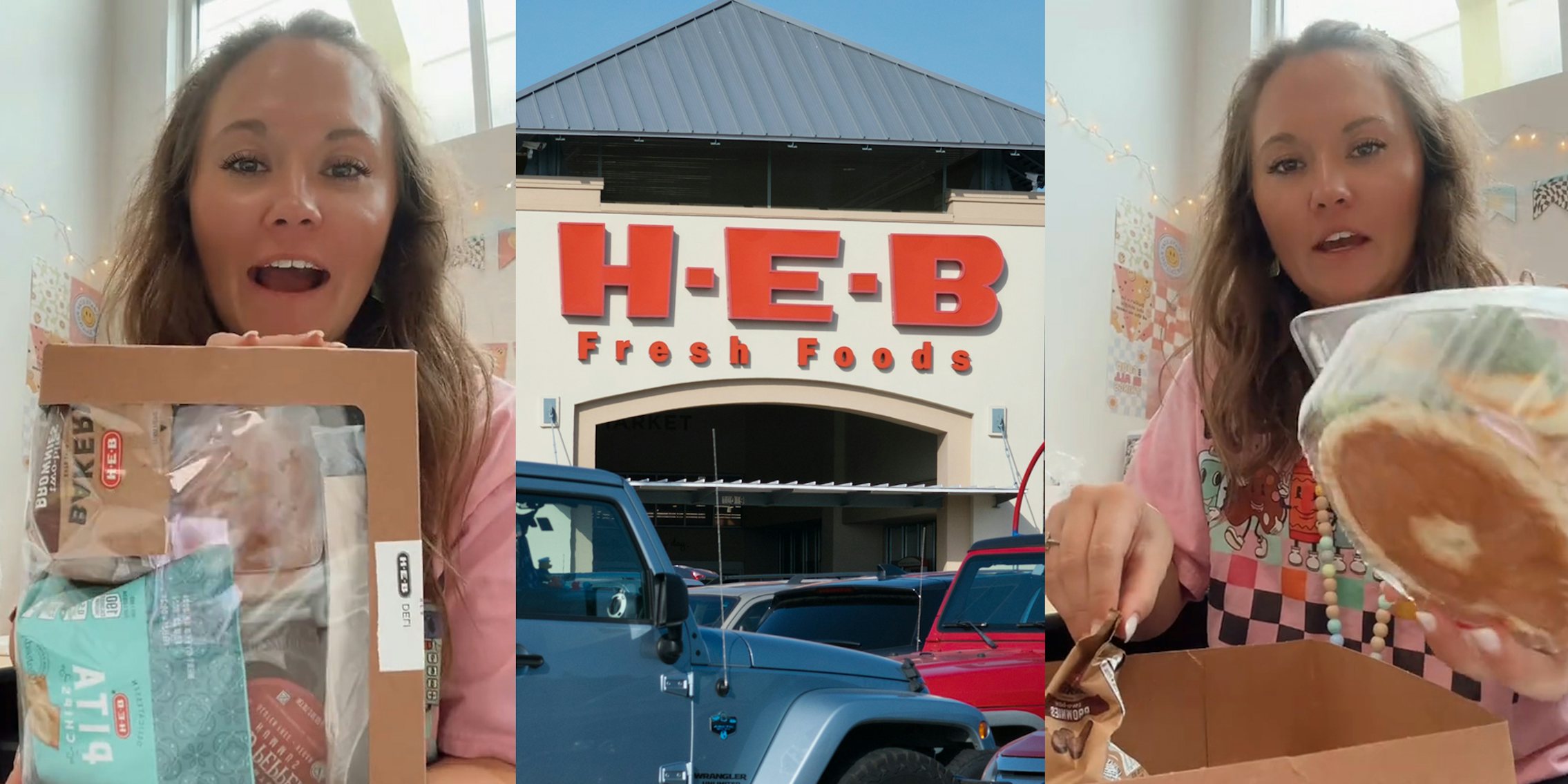 H-E-B customer speaking with meal in box (l) H-E-B building with sign (c) H-E-B customer speaking with meal in box (r)
