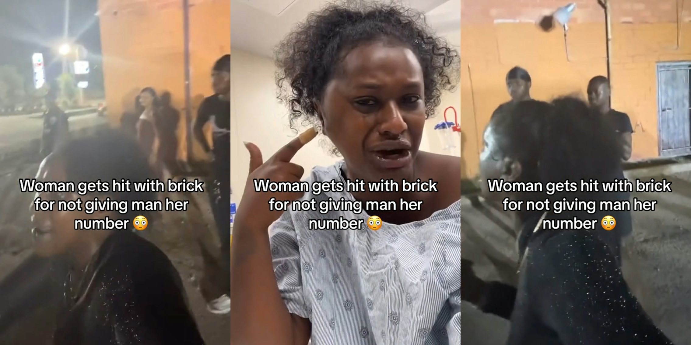woman in lot with people with caption 'Woman gets hit with brick for not giving man her number' (l) woman in hospital with caption 'Woman gets hit with brick for not giving man her number' (c) woman in lot with people with caption 'Woman gets hit with brick for not giving man her number' (r)