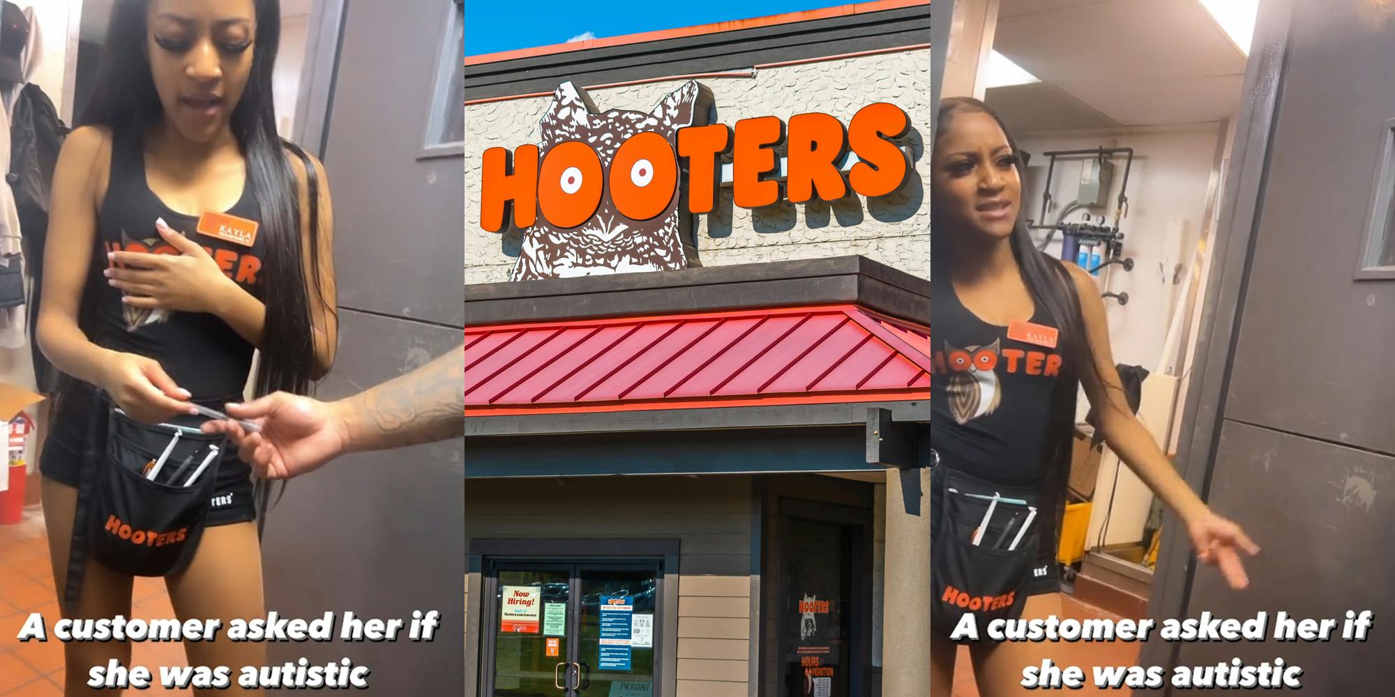 Hooters server speaking with caption "A customer asked her if she was autistic" (l) Hooters building with sign (c) Hooters server speaking with caption "A customer asked her if she was autistic" (r)