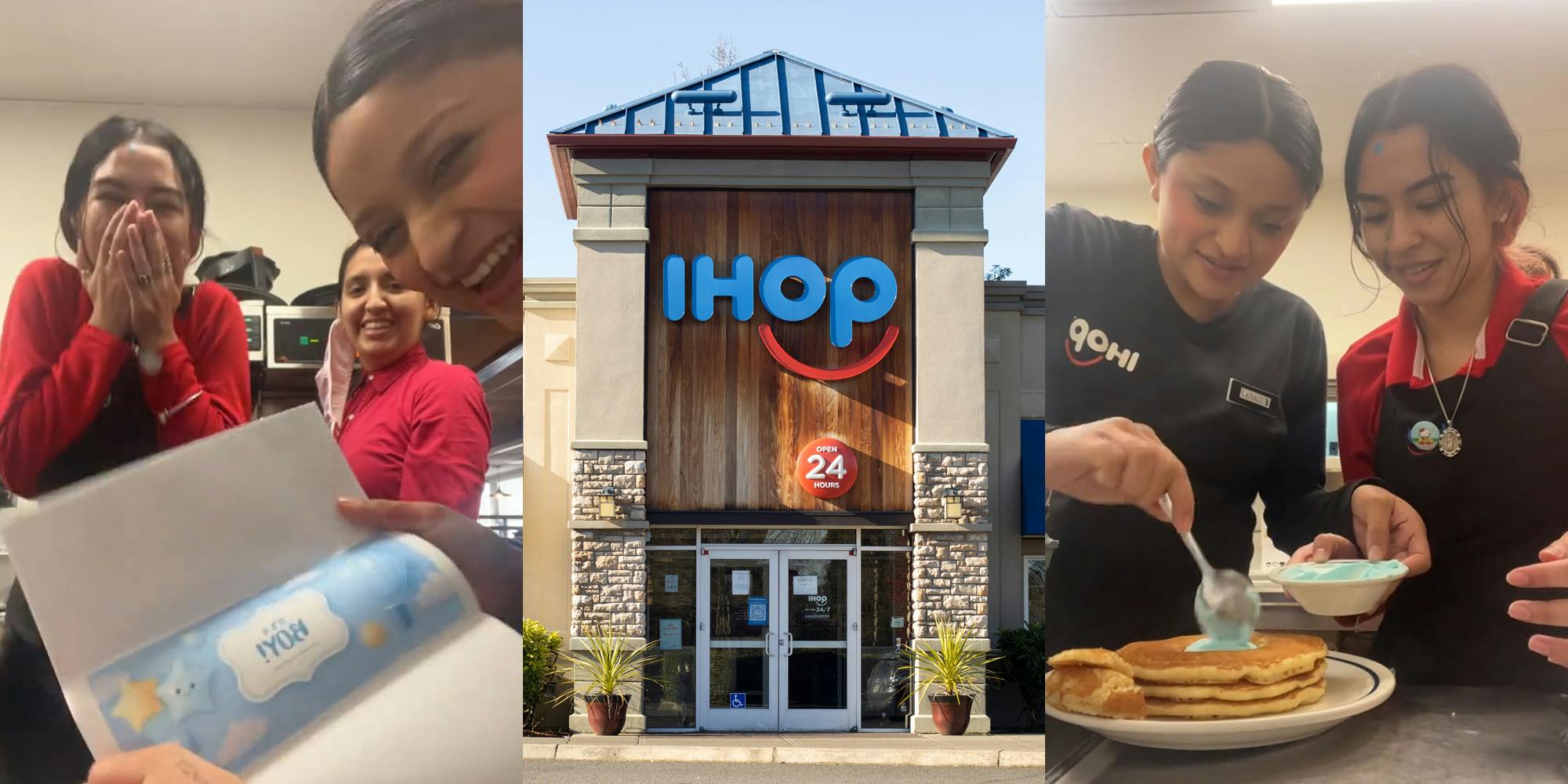 IHOP workers with "it's a BOY" paper in hand (l) IHOP building with sign (c) IHOP workers adding blue frosting inside pancake layers (r)