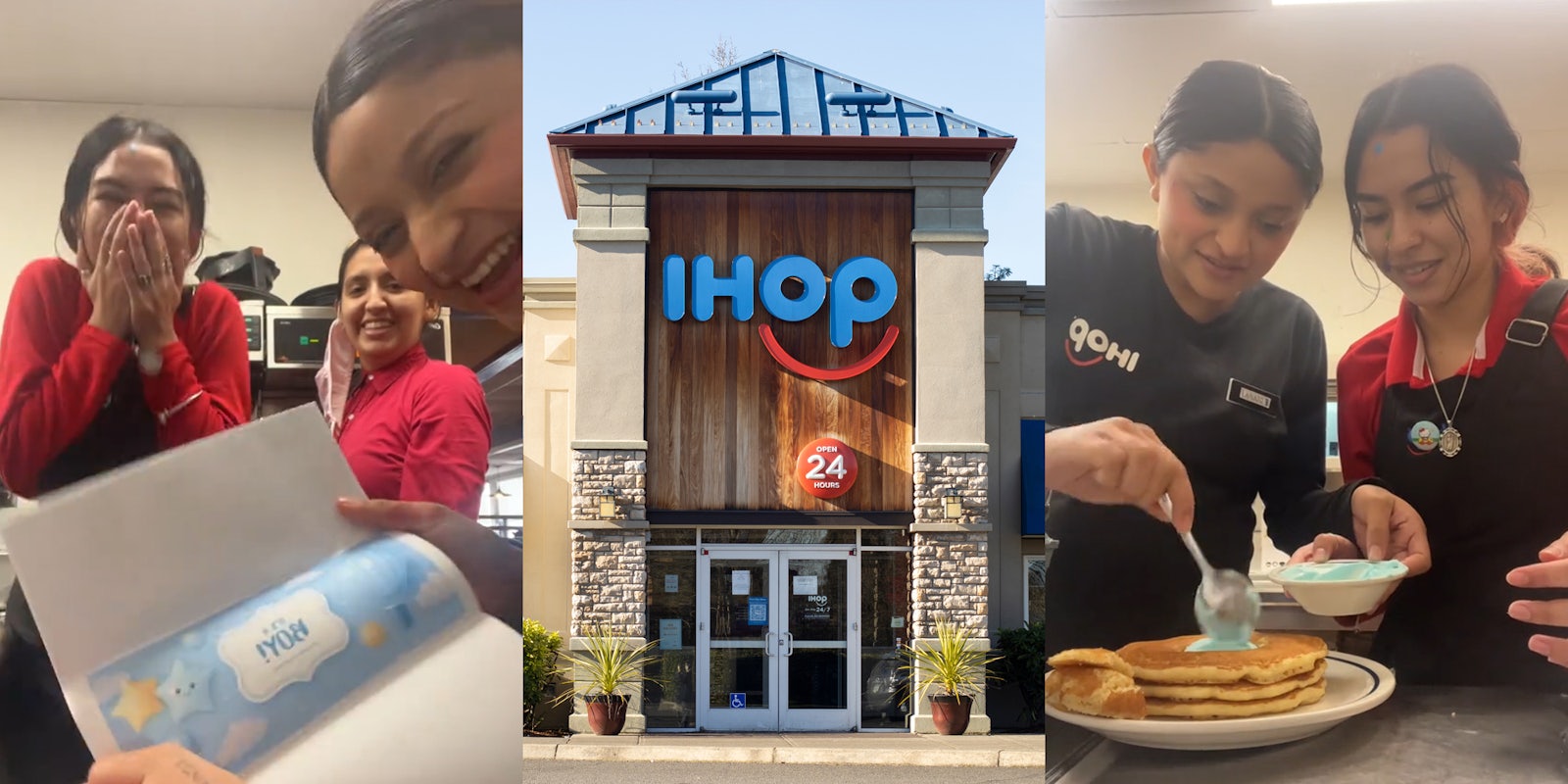 IHOP workers with 'it's a BOY' paper in hand (l) IHOP building with sign (c) IHOP workers adding blue frosting inside pancake layers (r)