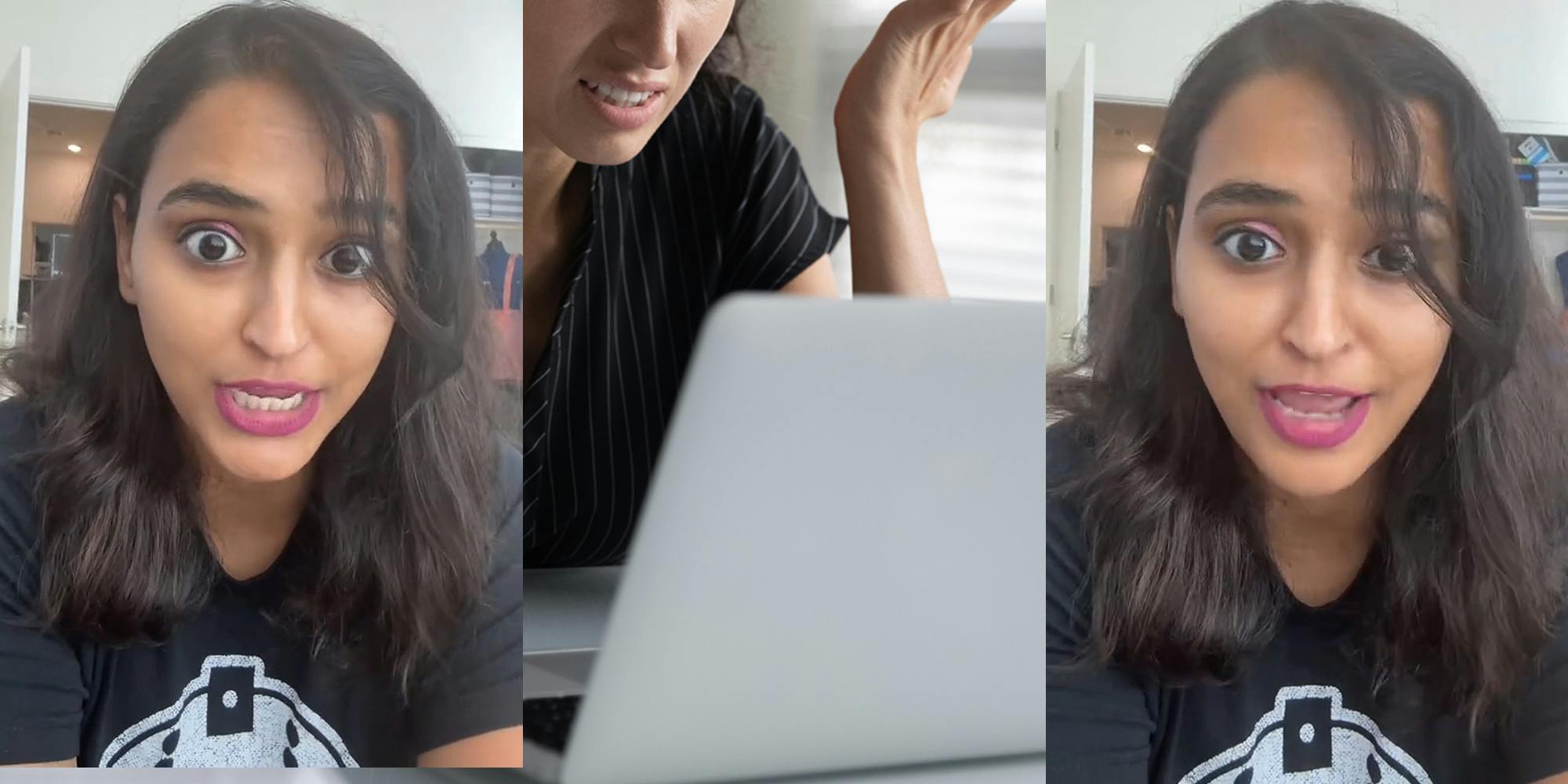 tech recruiter speaking (l) woman angry at laptop (c) tech recruiter speaking (r)