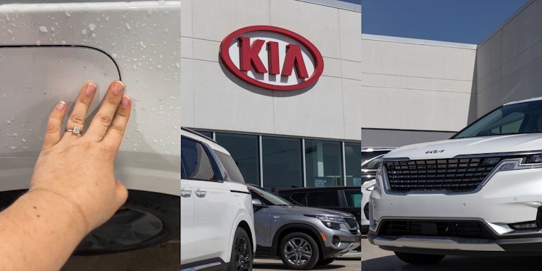 Kia owner pressing gas tank (l) Kia dealership (c) Kia in parking lot (r)