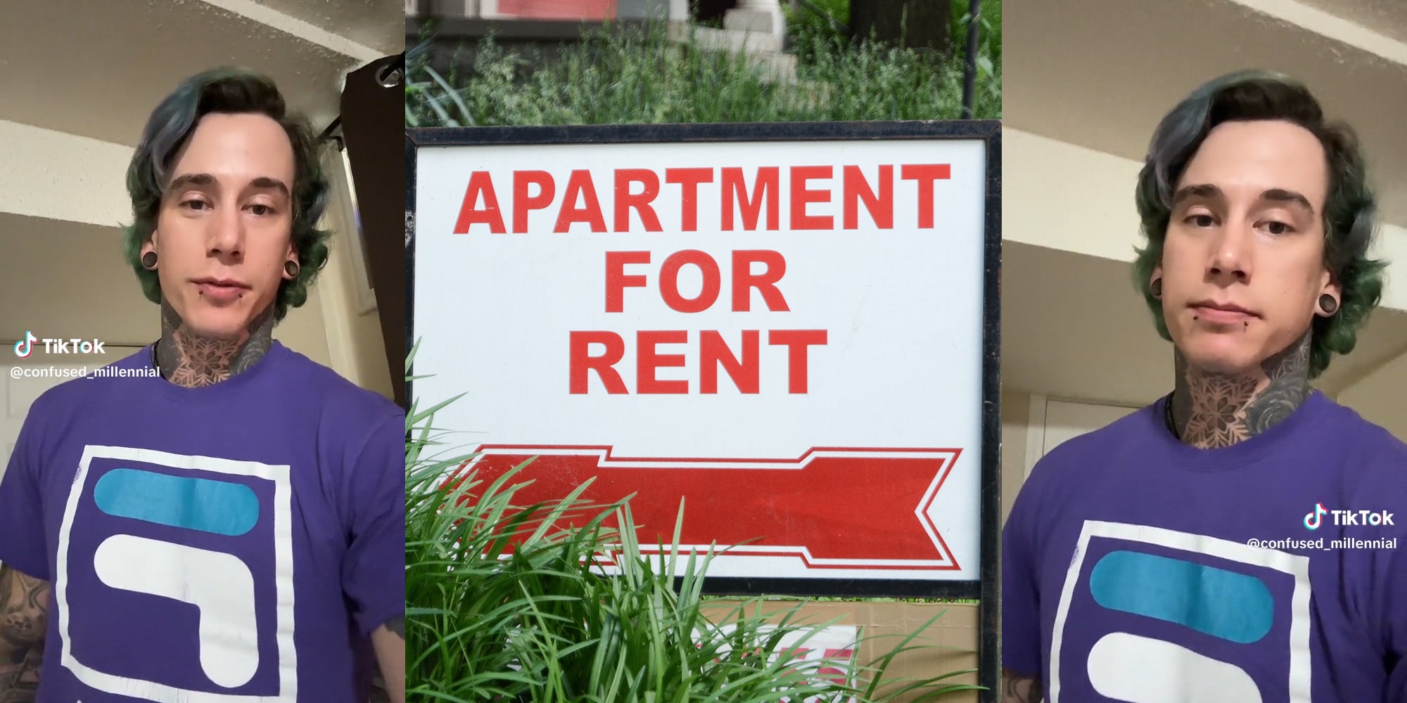 young man in apartment (l&r) apartment for rent sign (c)