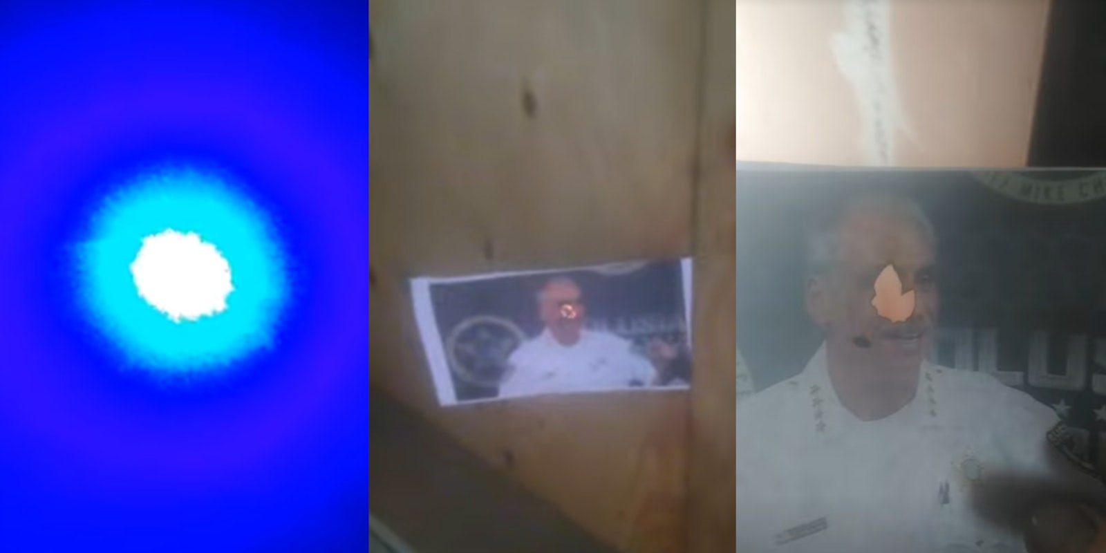 laser light (l) photo with hole burned on face (c) hole burned on face in photo (r)