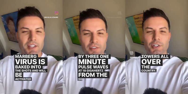 man speaking with caption "MARBERG VIRUS IS BAKED INTO THE SHOTS AND WILL BE ACTIVATED" (l) man speaking with caption "BY THREE ONE MINUTE PULSE WAVES AT 18 GIGAHERTZ FROM THE 5G" (c) man speaking with caption "TOWERS ALL OVER THE COUNTRY" (r)