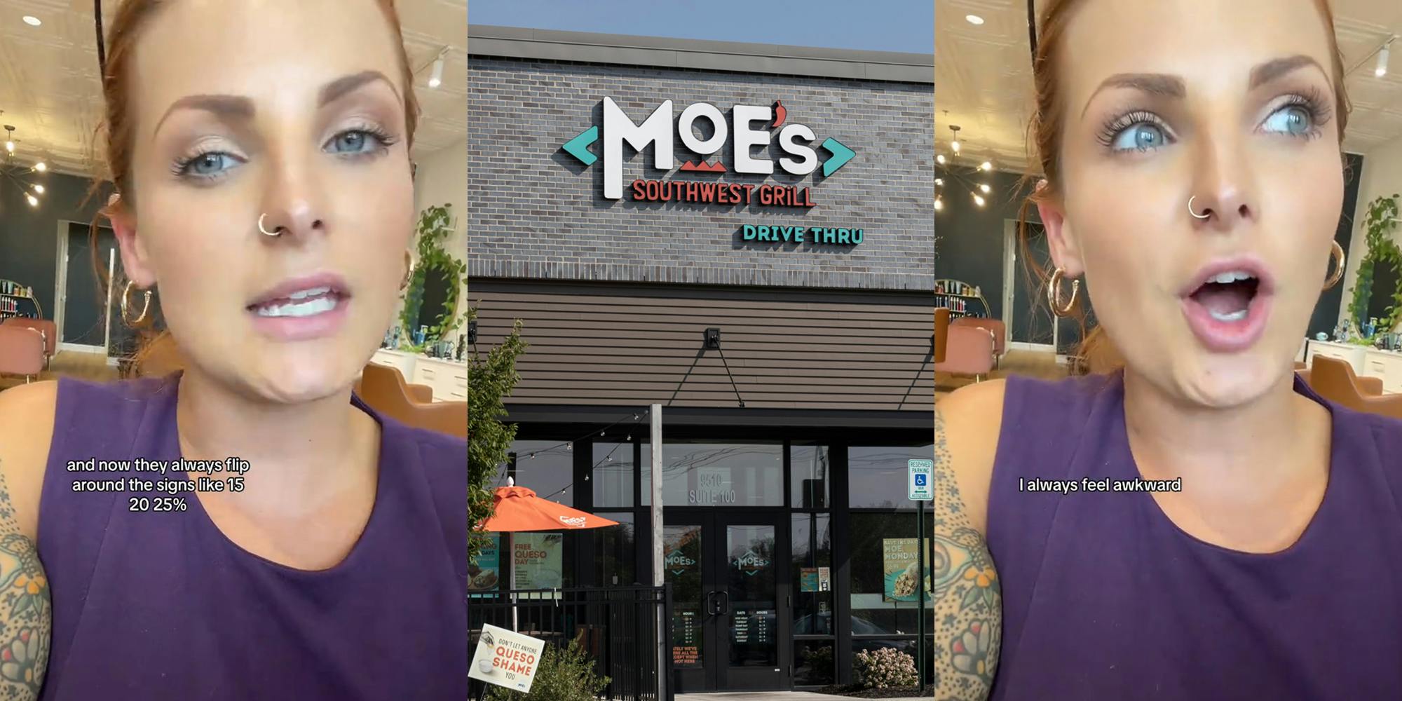 Moe's customer speaking with caption "and now they always flip around the signs like 20 25%" (l) Moe's building with sign (c) Moe's customer speaking with caption "I always feel awkward" (r)