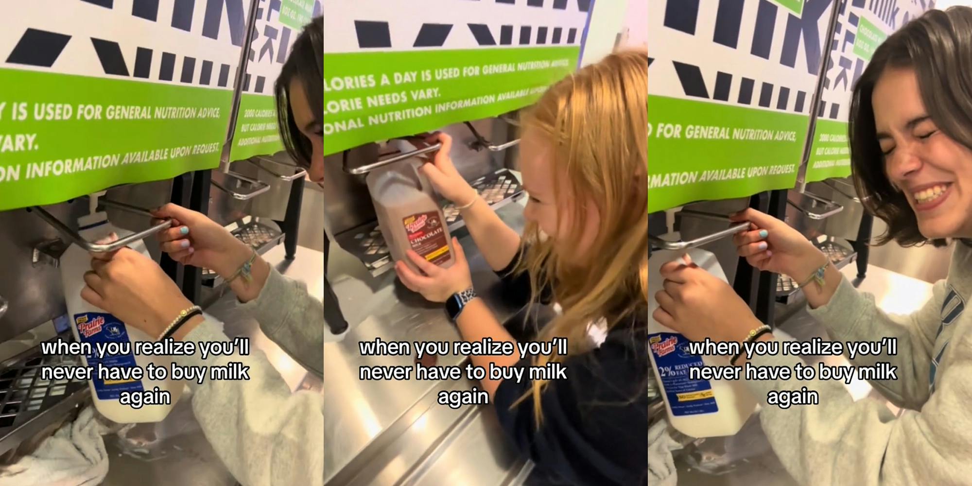 college student filling milk jug with caption "when you realize you'll never have to buy milk again" (l) college student filling milk jug with caption "when you realize you'll never have to buy milk again" (c) college student filling milk jug with caption "when you realize you'll never have to buy milk again" (r)