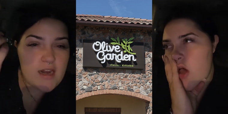 Olive Garden employee speaking in car (l) Olive Garden building with sign (c) Olive Garden employee speaking in car (r)