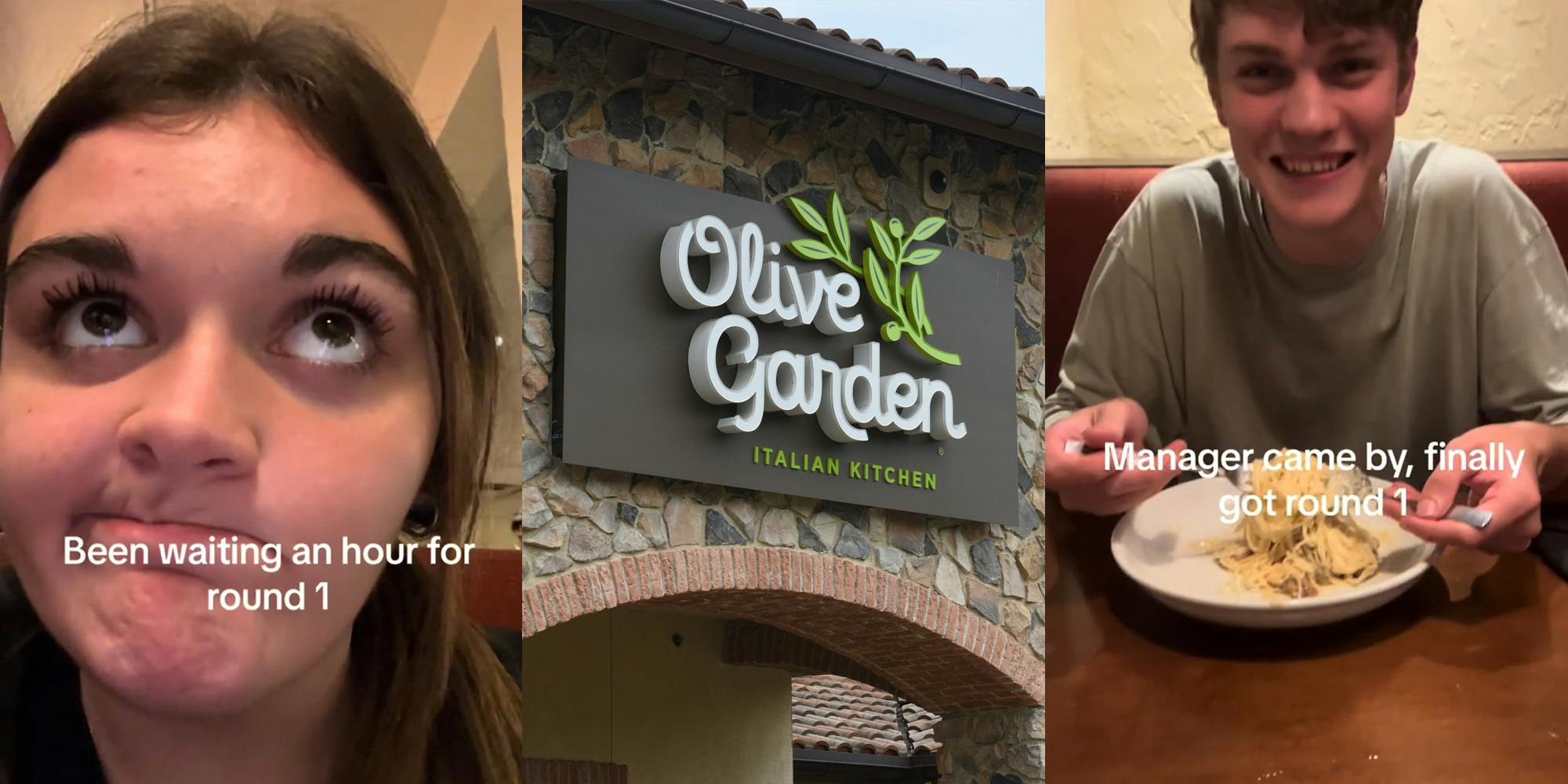 Olive Garden customer with caption "Been waiting an hour for round 1" (l) Olive Garden sign on building (c) Olive Garden customer eating with caption "Manager came by, finally got round 1" (r)