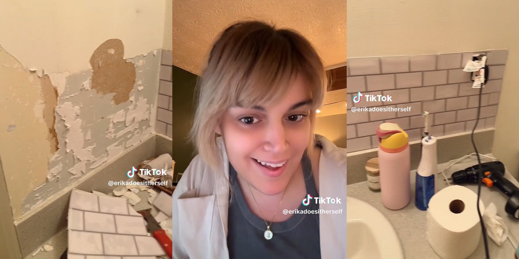 young woman with peel and stick backsplash tearing off drywall