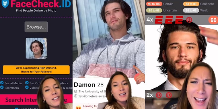 woman greenscreen TikTok over FaceCheck.ID (l) woman greenscreen TikTok over man's dating profile (c) woman greenscreen TikTok over FaceCheck.ID match to Dylan McCaffrey pro athlete (r)