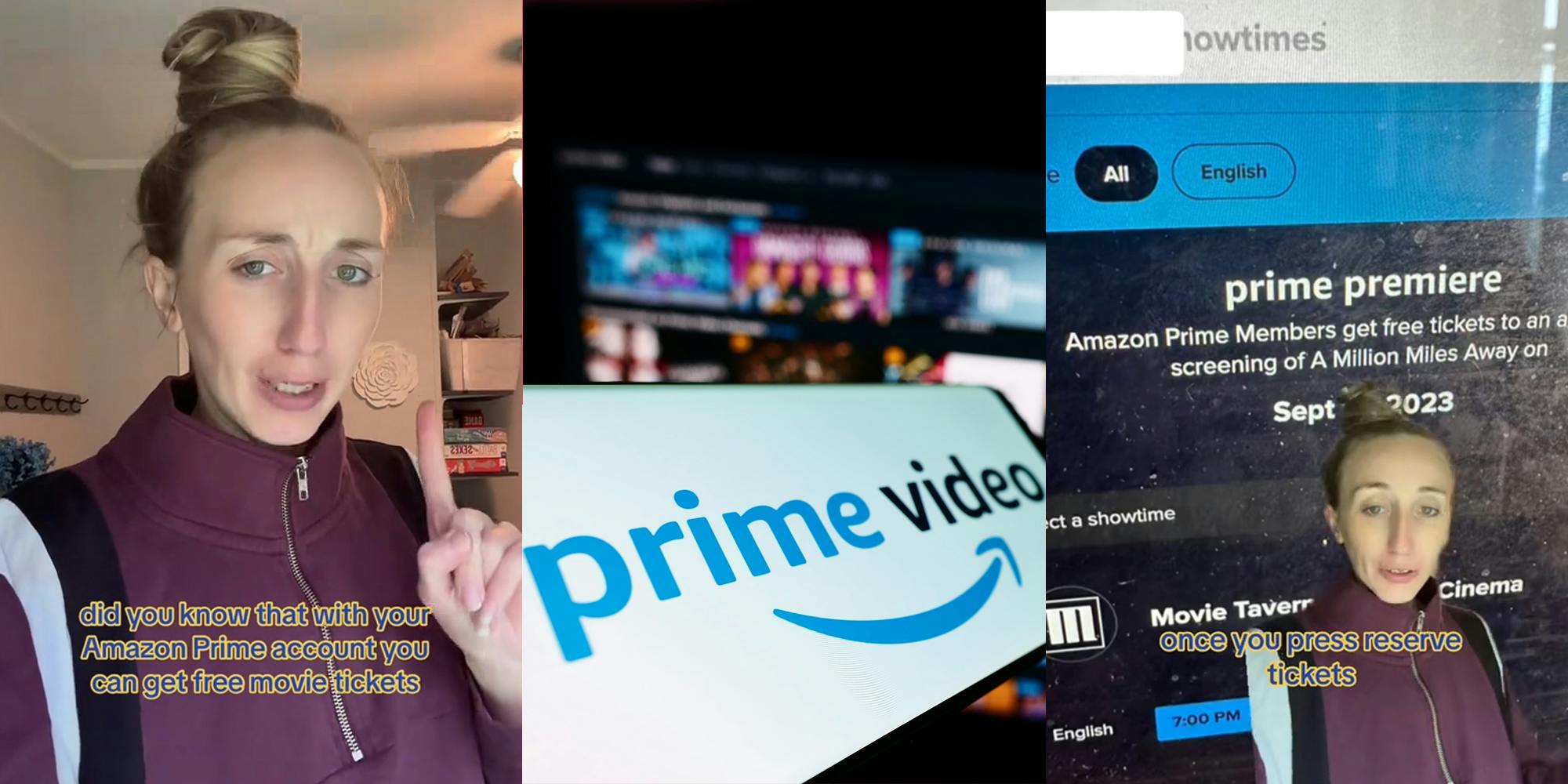 Prime user speaking with caption "did you know that with your Amazon Prime account you can get free movie tickets" (l) Amazon Prime Video on phone screen and on laptop screen (c) Prime user greenscreen TikTok over image of Prime with caption "once you press preserve tickets" (r)