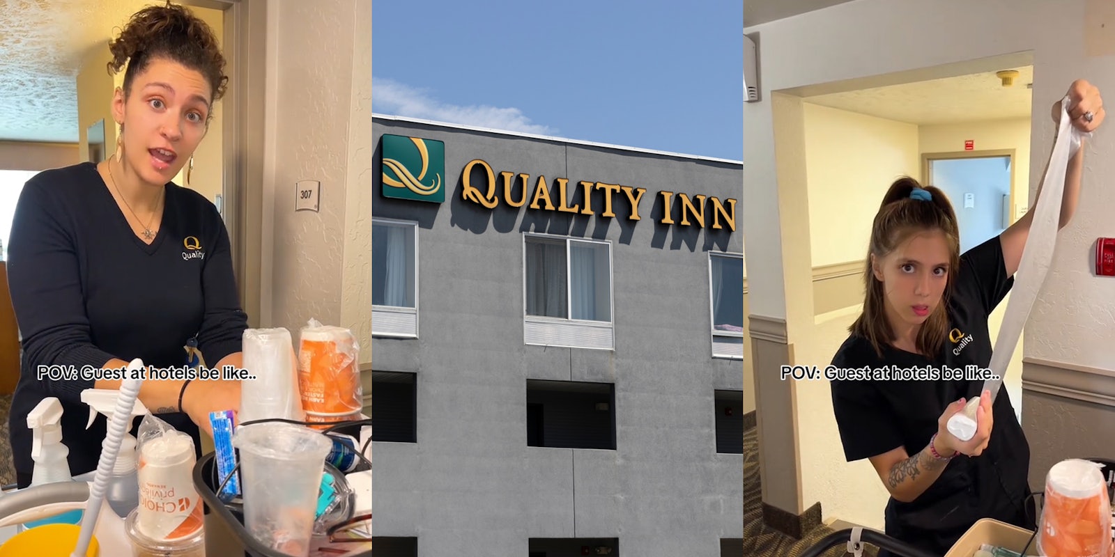 Quality Inn worker at cleaning/supplies cart with caption 'POV: Guest at hotels be like...' (l) Quality Inn building with sign (c) Quality Inn worker pulling garbage bag from roll at cleaning/supplies cart with caption 'POV: Guest at hotels be like...' (r)