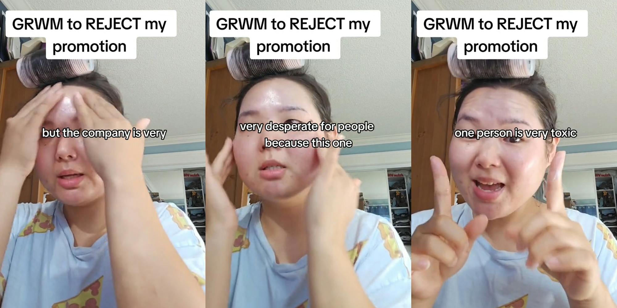 woman applying skincare products with caption "GRWM to REJECT my promotion but the company is very" (l) woman applying skincare products with caption "GRWM to REJECT my promotion very desperate for people because this one" (c) woman applying skincare products with caption "GRWM to REJECT my promotion one person is very toxic" (r)