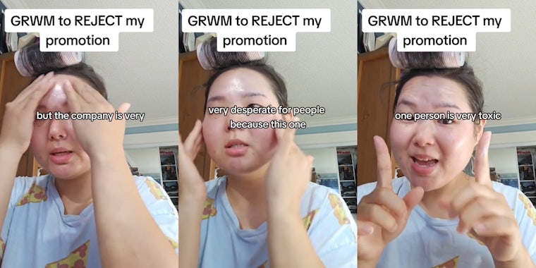 woman applying skincare products with caption 'GRWM to REJECT my promotion but the company is very' (l) woman applying skincare products with caption 'GRWM to REJECT my promotion very desperate for people because this one' (c) woman applying skincare products with caption 'GRWM to REJECT my promotion one person is very toxic' (r)